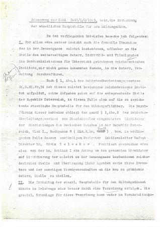 Äusserung zur Zahl 3467/I/2/1945, betr. die Errichtung der staatlichen Hauptstelle für den Bildungsfilm